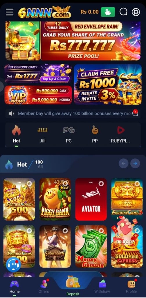 6NNN Latest Version home dashboard with gaming categories