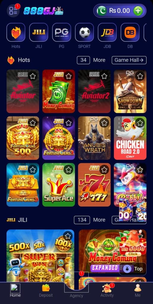 888GJ Game homepage showing the main dashboard and gaming categories