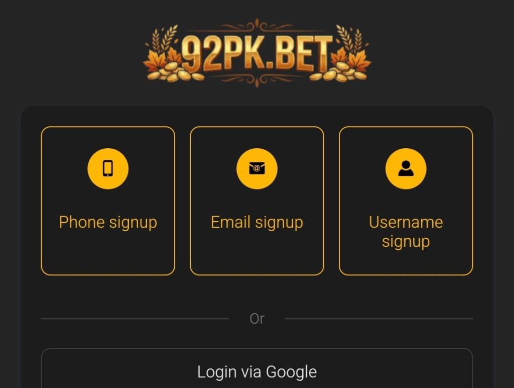 92PK Bet account registration page