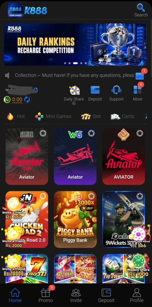 K888 Game home screen displaying main dashboard on Android