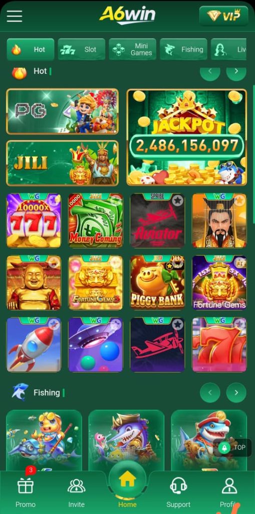 A6win Game interface showing the clean homepage dashboard with simple navigation menu, account options, game categories, and mobile-friendly layout.
