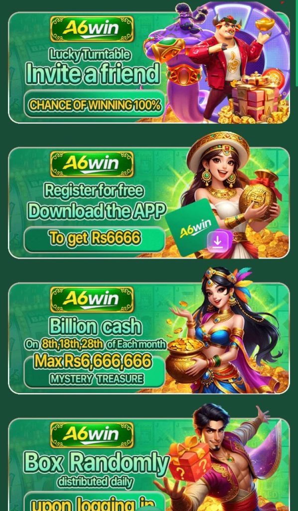 A6win Game rewards page displaying welcome rewards, promotional offers, bonus section, and user reward dashboard in the mobile app
