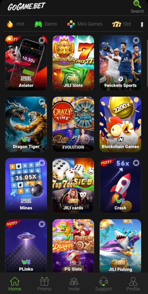GOGAME APK homepage layout