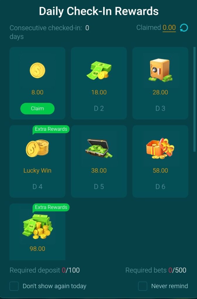 HH98 reward section showing available promotions