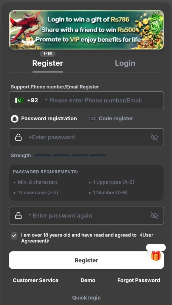 IK786 Game sign up screen for new Android users