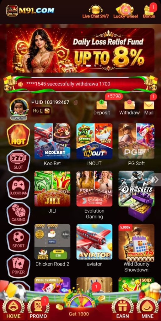 M91 Game APK download homepage interface to showing games ang more

