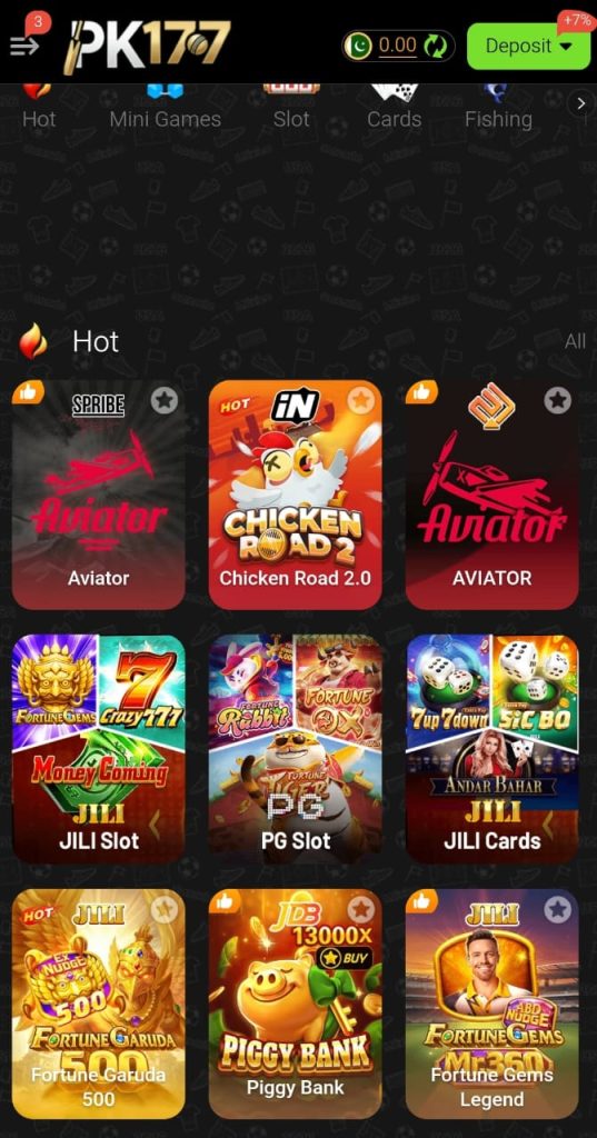 PK177 Game APK download homepage interface with slots games, hot games, aviators etc