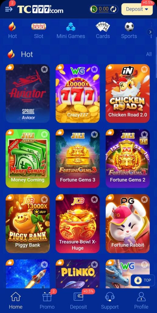 TC777 Game homepage showing the main dashboard