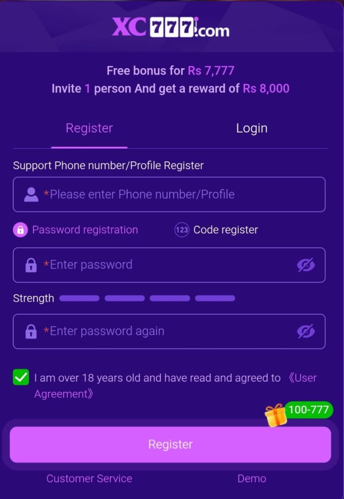 XC7777 APK account registration page